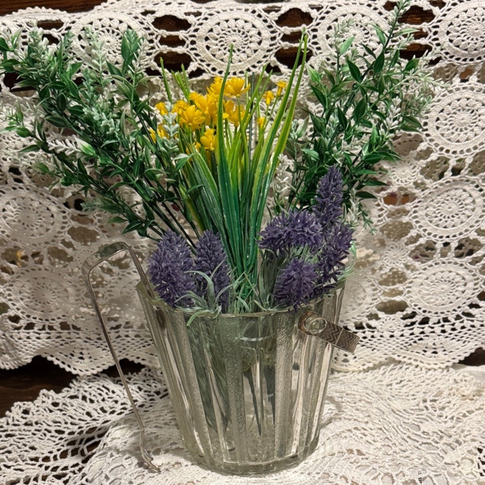 Ice Bucket with Frosted Striped Glass and has an Etched Handle and Tongs